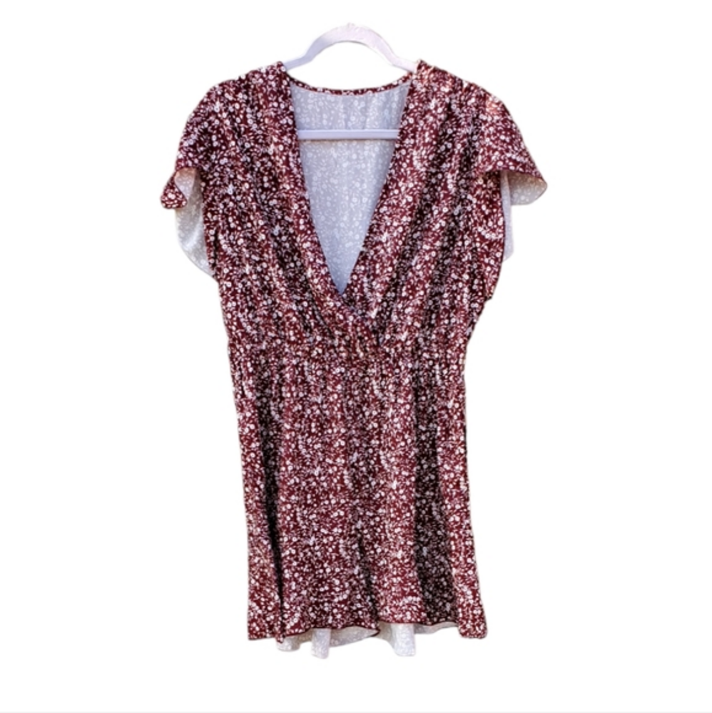 Burgundy Floral Pullover Romper Ruffle Sleeves V-neck Pockets XL NWOT